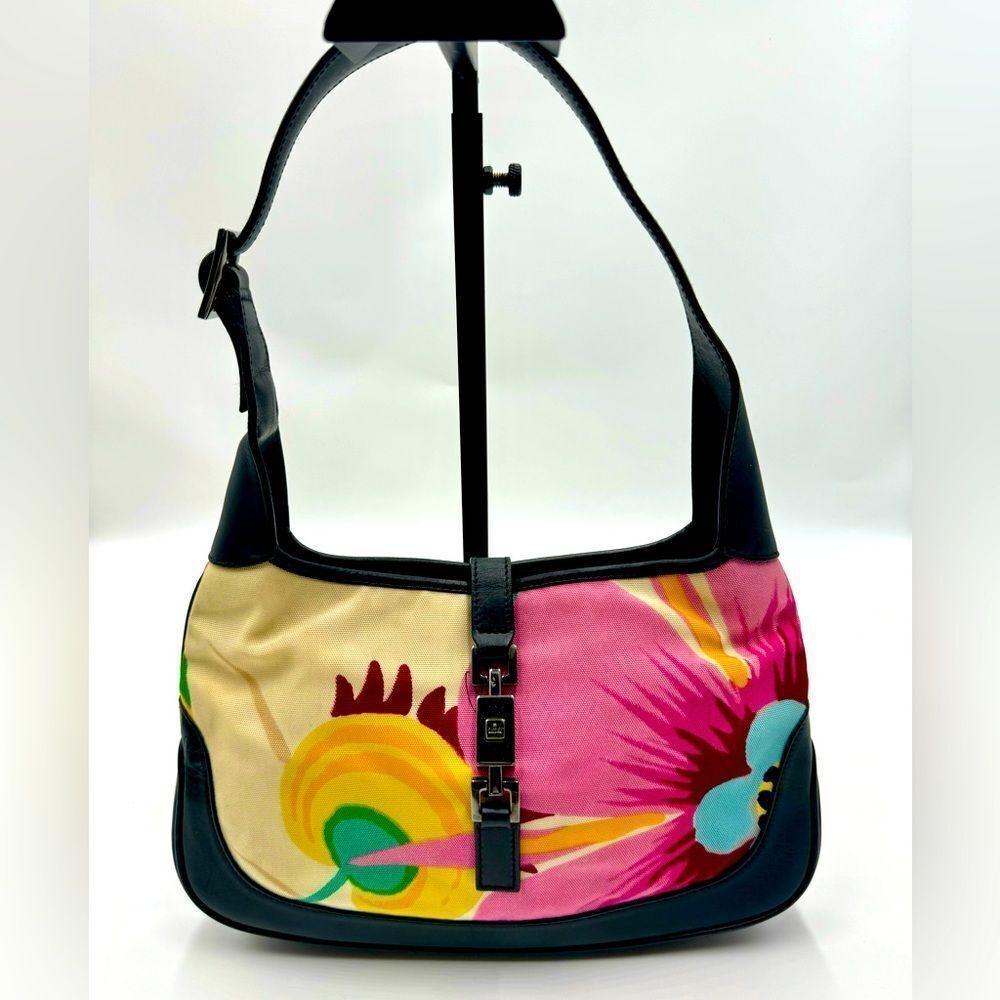 Auth Tom Ford for Gucci Small Floral Nylon Print Black Leather Trim Jackie Bag